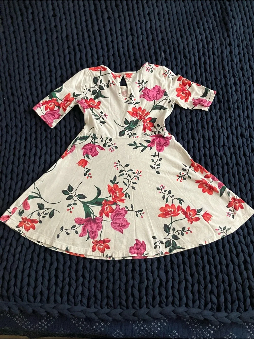 Cream Floral Fit-and-Flare Kids Dress with Pink & Red Blooms